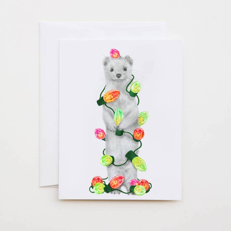 Ermine with Christmas Lights Card